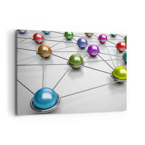 Impression sur toile - Image sur toile - Boules colorées reliées par de fines lignes sur fond blanc - 100x70cm - Toile d'araignée cosmique - Décoration murale moderne pour le salon et la chambre ARTTOR