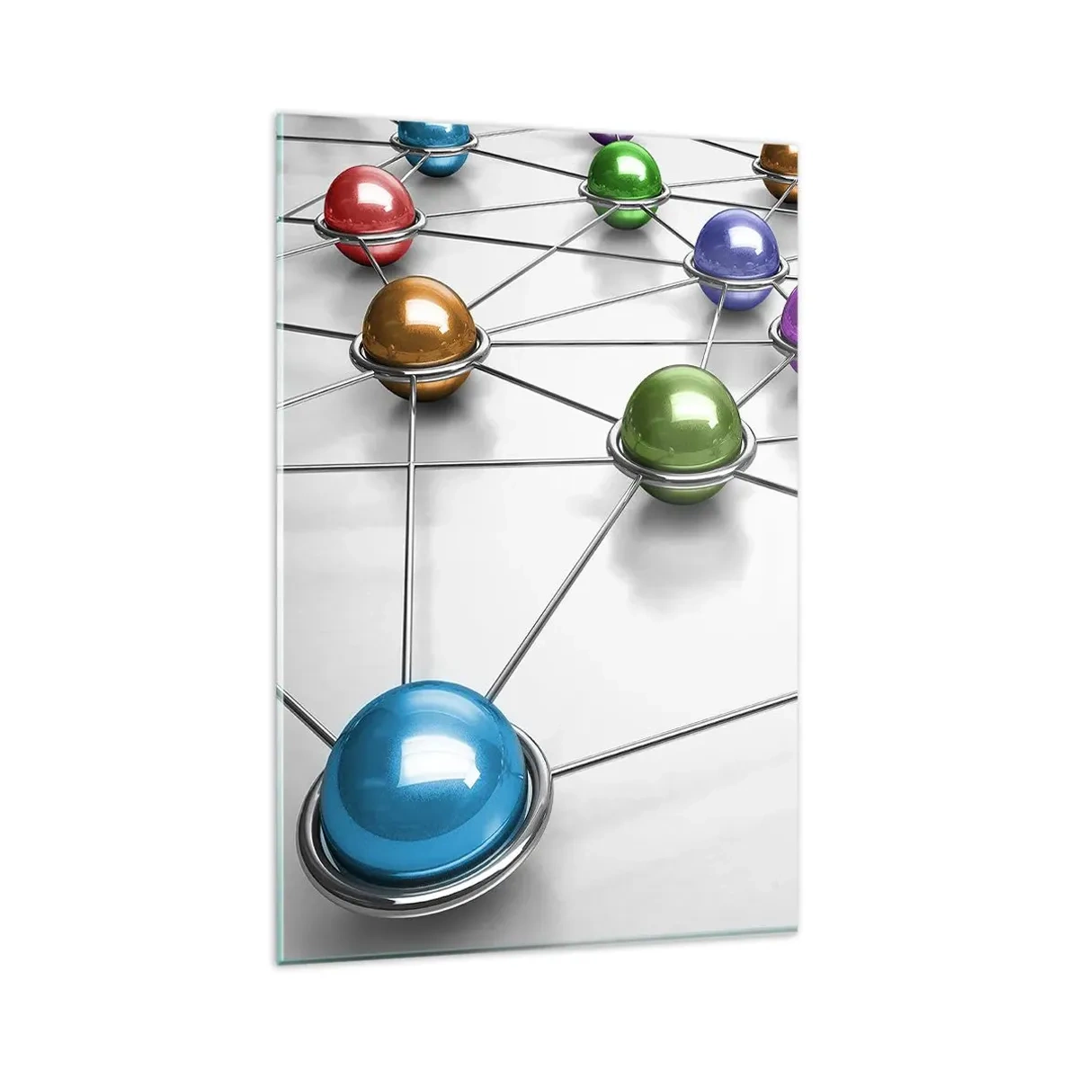 Impression sur verre - Image sur verre - Boules colorées reliées par de fines lignes sur fond blanc - 80x120cm - Toile d'araignée cosmique - Décoration murale moderne pour le salon et la chambre ARTTOR