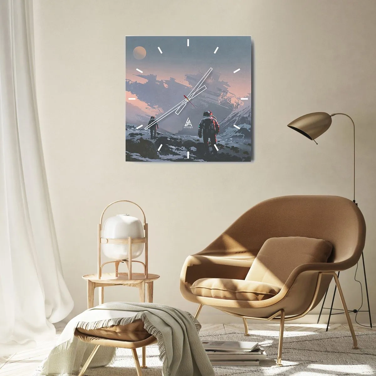 Horloge murale - Pendule murale - Des astronautes sur une planète extraterrestre avec une épave de vaisseau spatial - 30x30cm - Sous une étoile inconnue - Décoration murale moderne pour le salon et la chambre ARTTOR