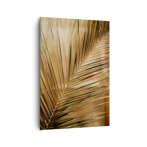 Impression sur toile - Image sur toile - Feuille de palmier dorée sur fond uni - 70x100cm - Colonnade naturelle - Décoration murale moderne pour le salon et la chambre ARTTOR