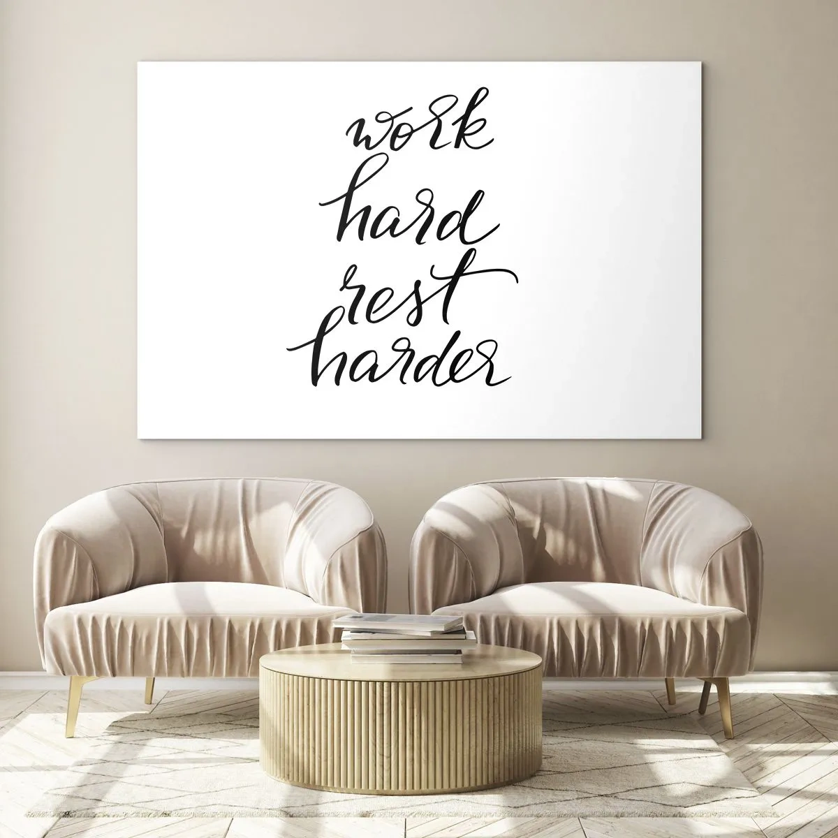 Impression sur verre - Image sur verre - Inscription typographique « Travaillez dur, reposez-vous plus dur » dans une police élégante - 70x50cm - Équilibre de vie - Décoration murale moderne pour le salon et la chambre ARTTOR