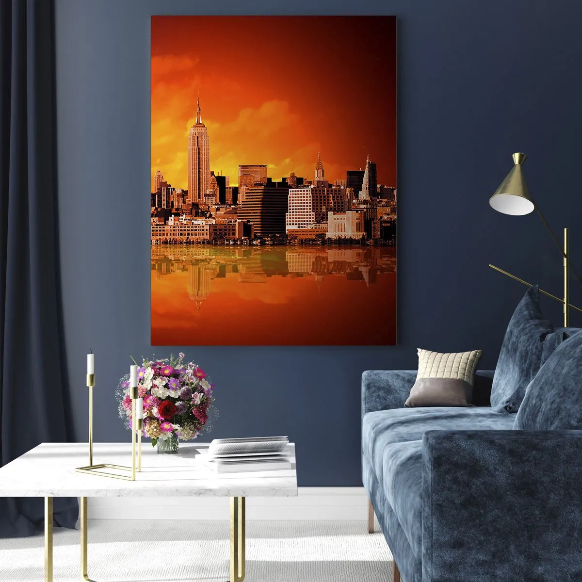 Impression sur verre - Image sur verre - Panorama de la ville au coucher du soleil - 50x70cm - Panorama de grande ville en jaune et bronze - Décoration murale moderne pour le salon et la chambre ARTTOR