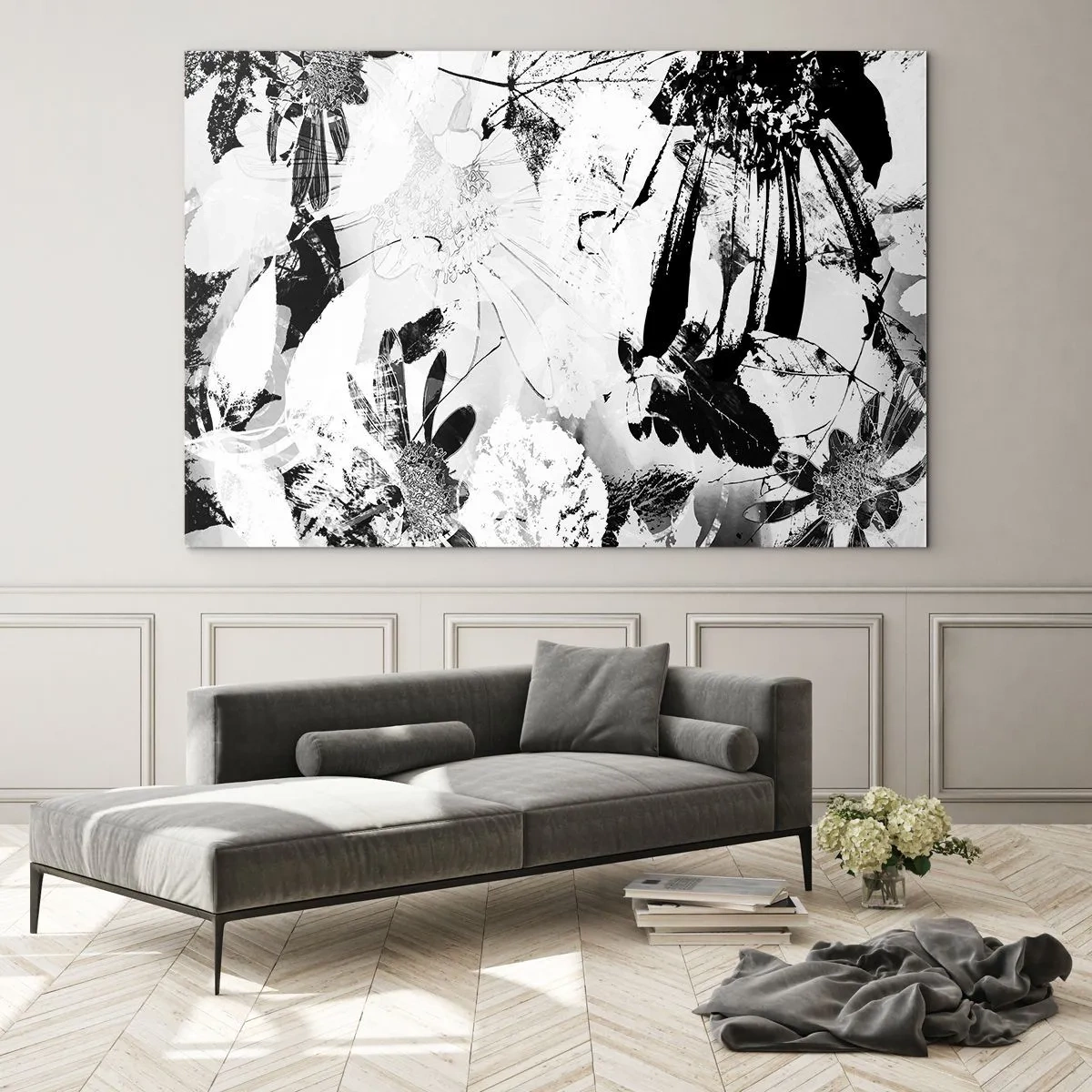 Impression sur verre - Image sur verre - Composition florale en noir et blanc dans un style artistique - 70x50cm - Automne en négatif - Décoration murale moderne pour le salon et la chambre ARTTOR