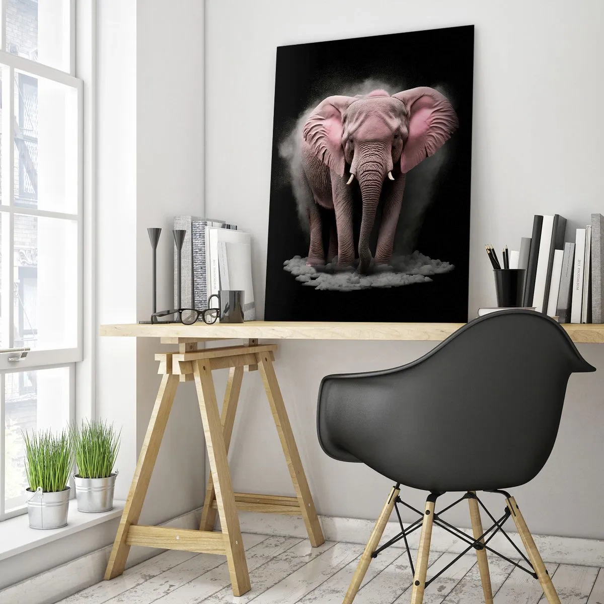 Impression sur verre - Image sur verre - Un éléphant rose sur fond noir entouré d'un nuage de poussière. - 50x70cm - Ne pensez pas à un éléphant rose ! - Décoration murale moderne pour le salon et la chambre ARTTOR