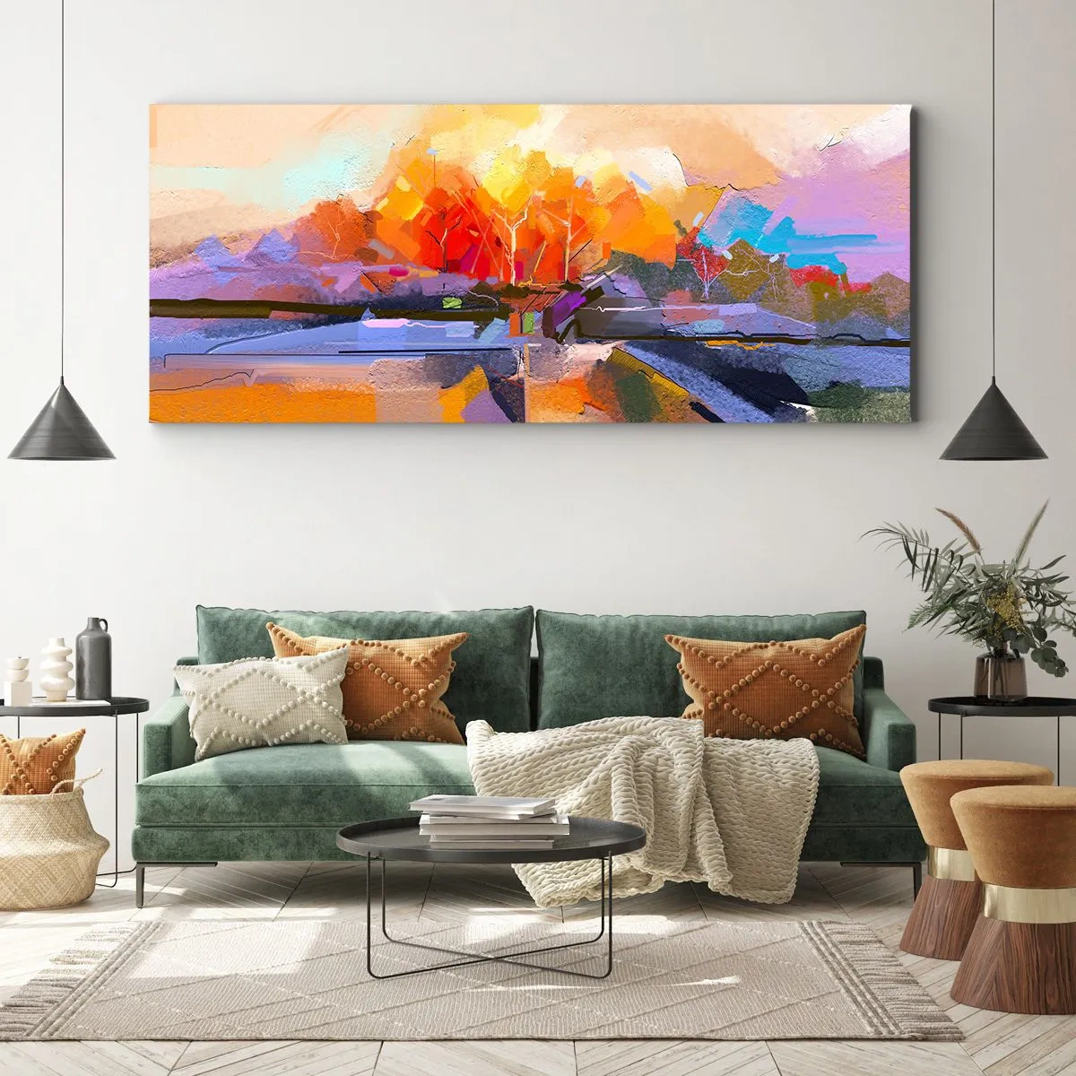 Impression sur toile - Image sur toile - Un paysage abstrait aux couleurs d'automne intenses. - 160x50cm - L'automne est arrivé - Décoration murale moderne pour le salon et la chambre ARTTOR