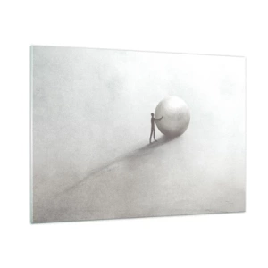 Impression sur verre - Image sur verre - Une silhouette minimaliste d'un homme avec une grosse balle sur un fond clair. - 100x70cm - Jeu de la vie - Décoration murale moderne pour le salon et la chambre ARTTOR