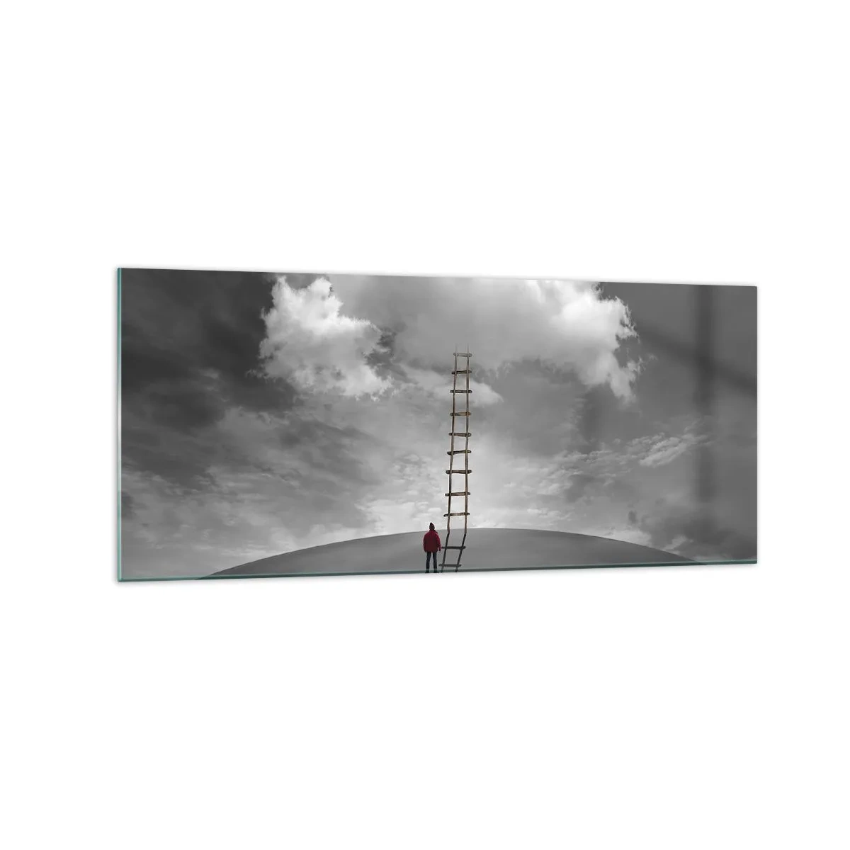 Impression sur verre - Image sur verre - Une personne portant un manteau rouge et une échelle menant à un nuage - 120x50cm - Tout est possible - Décoration murale moderne pour le salon et la chambre ARTTOR