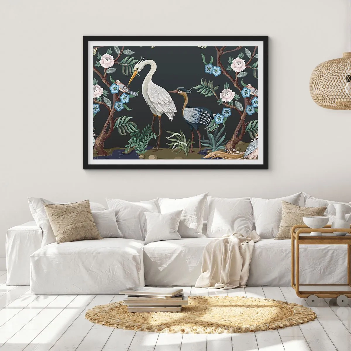 Affiche dans un cadre noir - Poster - Oiseaux et plantes peints sur un fond sombre avec un motif élégant - 70x50cm - Parade d'oiseaux - Décoration murale moderne pour le salon et la chambre ARTTOR