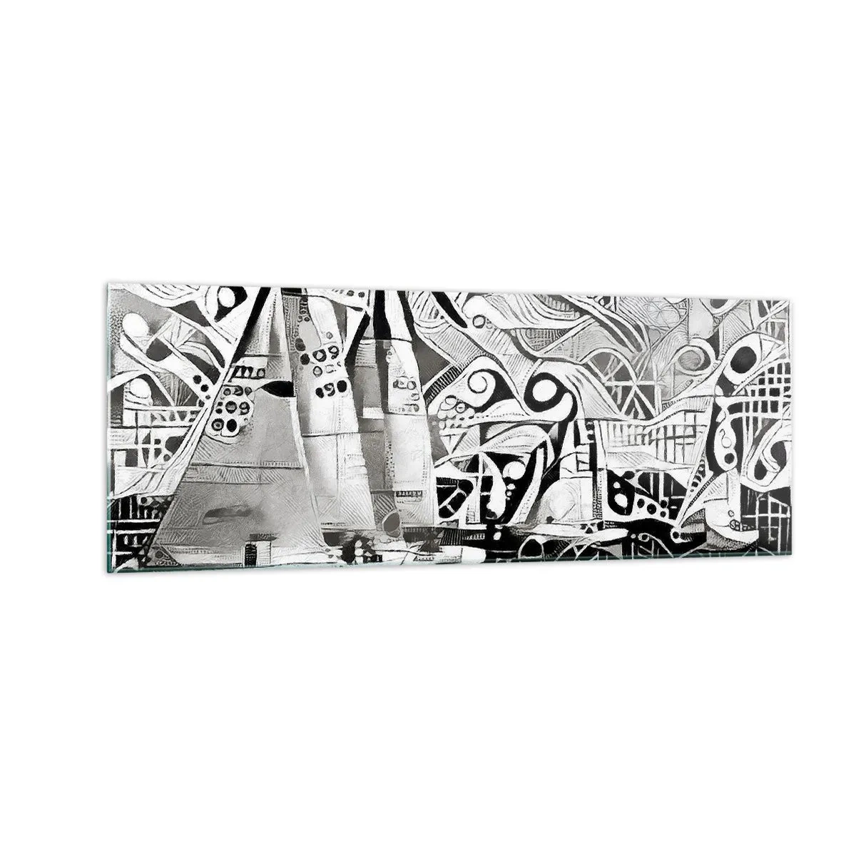 Impression sur verre - Image sur verre - Voiliers abstraits dans une composition monochrome - 140x50cm - Entre les vagues - Décoration murale moderne pour le salon et la chambre ARTTOR