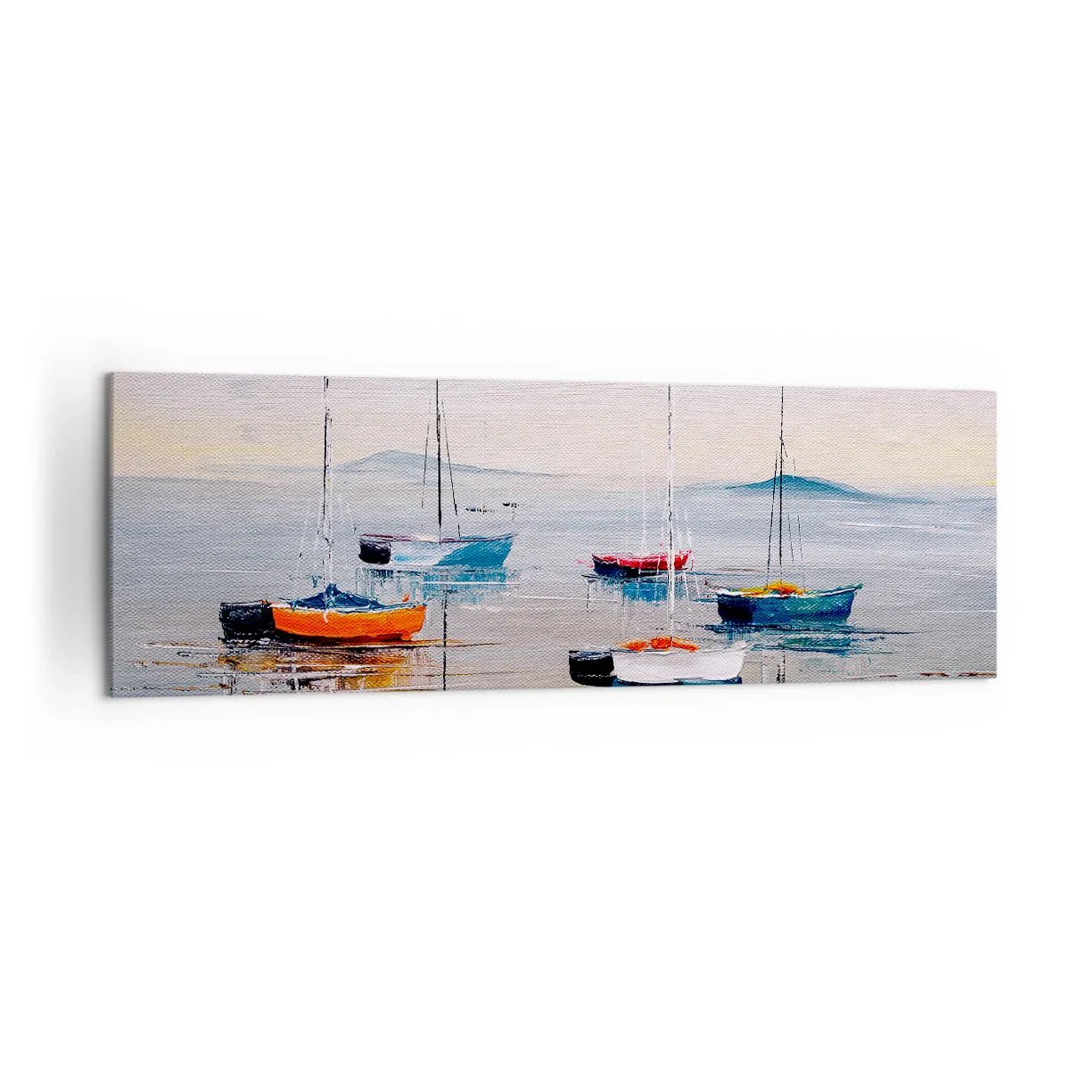 Impression sur toile - Image sur toile - Bateaux colorés sur une eau calme - 160x50cm - Un repos bien mérité - Décoration murale moderne pour le salon et la chambre ARTTOR