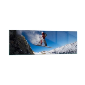 Impression sur verre - Image sur verre - Un snowboarder saute d'un rocher dans un paysage montagneux - 160x50cm - Et tu es devenu une partie de l'espace - Décoration murale moderne pour le salon et la chambre ARTTOR