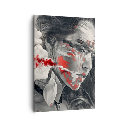 Impression sur toile - Image sur toile - Portrait artistique d'une femme aux accents rouges abstraits - 50x70cm - Dans les fumées de l'absurde - Décoration murale moderne pour le salon et la chambre ARTTOR