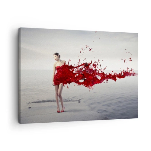 Impression sur toile - Image sur toile - Une femme en robe rouge dans une composition artistique au bord de l'eau - 70x50cm - Passionné comme l'écarlate - Décoration murale moderne pour le salon et la chambre ARTTOR