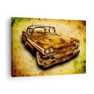 Impression sur toile - Image sur toile - Une voiture rétro classique dorée sur un fond vintage avec un effet vieilli. - 70x50cm - La beauté éternelle des classiques - Décoration murale moderne pour le salon et la chambre ARTTOR