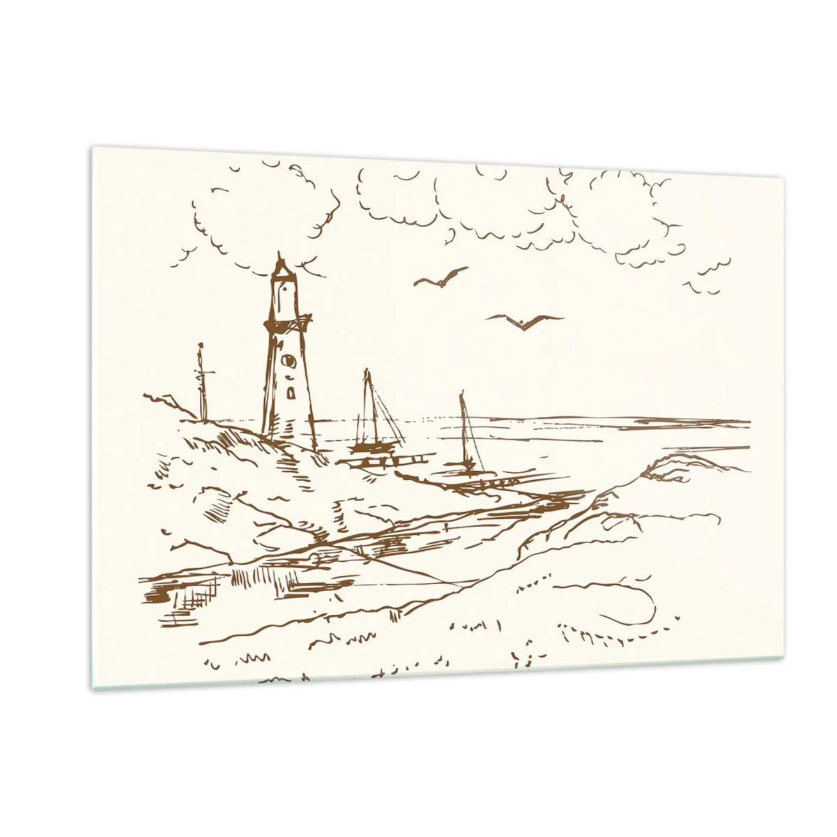 Impression sur verre - Image sur verre - Croquis d'un phare dans un paysage balnéaire - 120x80cm - Esquisse de souvenirs d'été - Décoration murale moderne pour le salon et la chambre ARTTOR