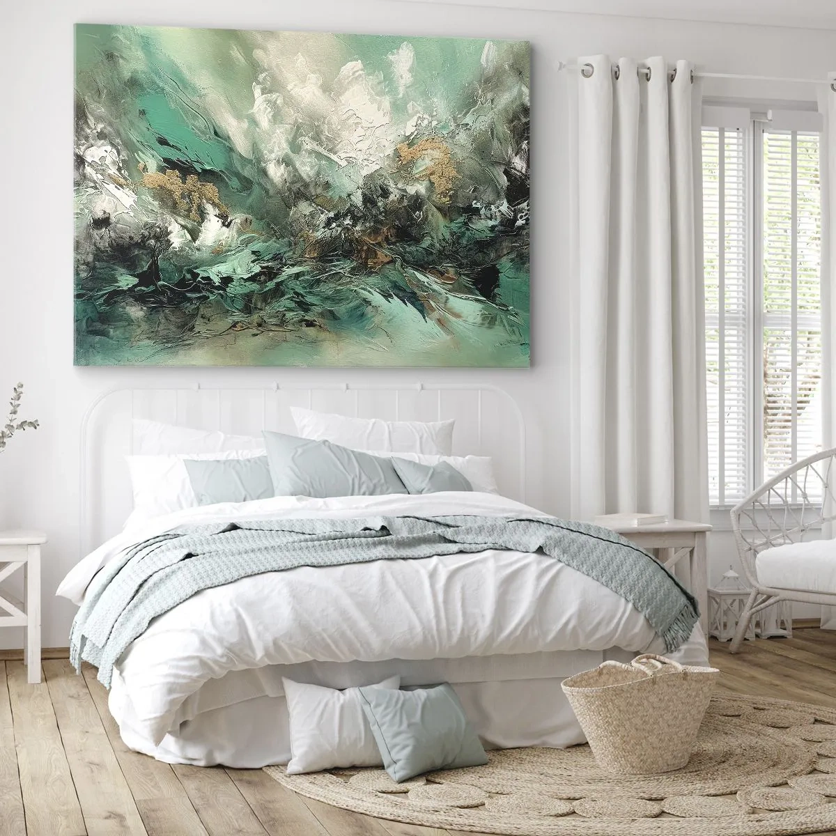 Impression sur toile - Image sur toile - Paysage abstrait dans les tons de vert et d'or - 70x50cm - Ressac émeraude et noir - Décoration murale moderne pour le salon et la chambre ARTTOR