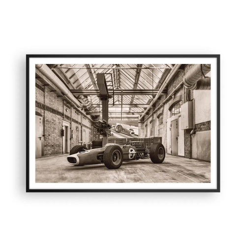 Affiche dans un cadre noir - Poster - Voiture de course noire et blanche dans un intérieur industriel - 100x70cm - Le repos du guerrier - Décoration murale moderne pour le salon et la chambre ARTTOR
