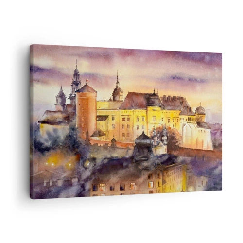 Impression sur toile - Image sur toile - Une aquarelle pittoresque d'un château au coucher du soleil - 70x50cm - Histoire et conte de fées - Décoration murale moderne pour le salon et la chambre ARTTOR