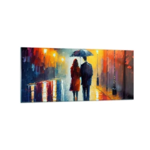 Impression sur verre - Image sur verre - Un couple sous un parapluie se promenant dans une ville nocturne colorée - 120x50cm - Ensemble – une nuit colorée - Décoration murale moderne pour le salon et la chambre ARTTOR