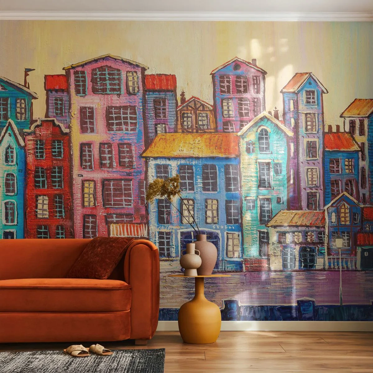 Papier Peint Photo Premium Canvas - Une ville comme dans un conte de fées - Morceau, Immeubles d'habitation, Ville - 250x175 cm