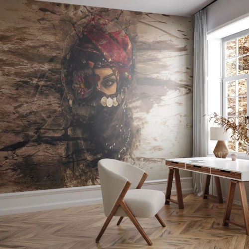 Papier Peint Photo Premium Canvas - Inquiétant, c'est le moins qu'on puisse dire - Abstraction, Visage de femme, Symboles orientaux - 300x210 cm
