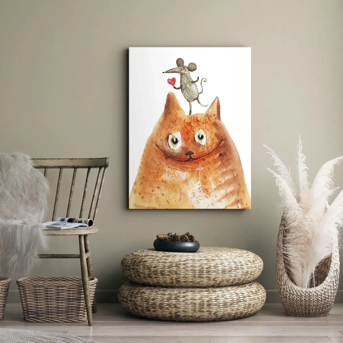 Impression sur toile - Image sur toile - Un dessin d'un chat avec une souris sur la tête tenant un cœur - 50x70cm - Amour paradoxal - Décoration murale moderne pour le salon et la chambre ARTTOR