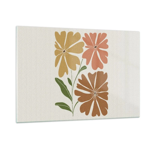 Impression sur verre - Image sur verre - Trois fleurs stylisées aux couleurs chaudes sur fond clair - 120x80cm - Nature et géométrie - Décoration murale moderne pour le salon et la chambre ARTTOR