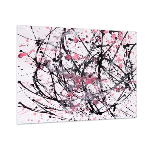 Impression sur verre - Image sur verre - Lignes abstraites dynamiques et taches roses sur fond blanc - 100x70cm - La nature éphémère de la vie - Décoration murale moderne pour le salon et la chambre ARTTOR