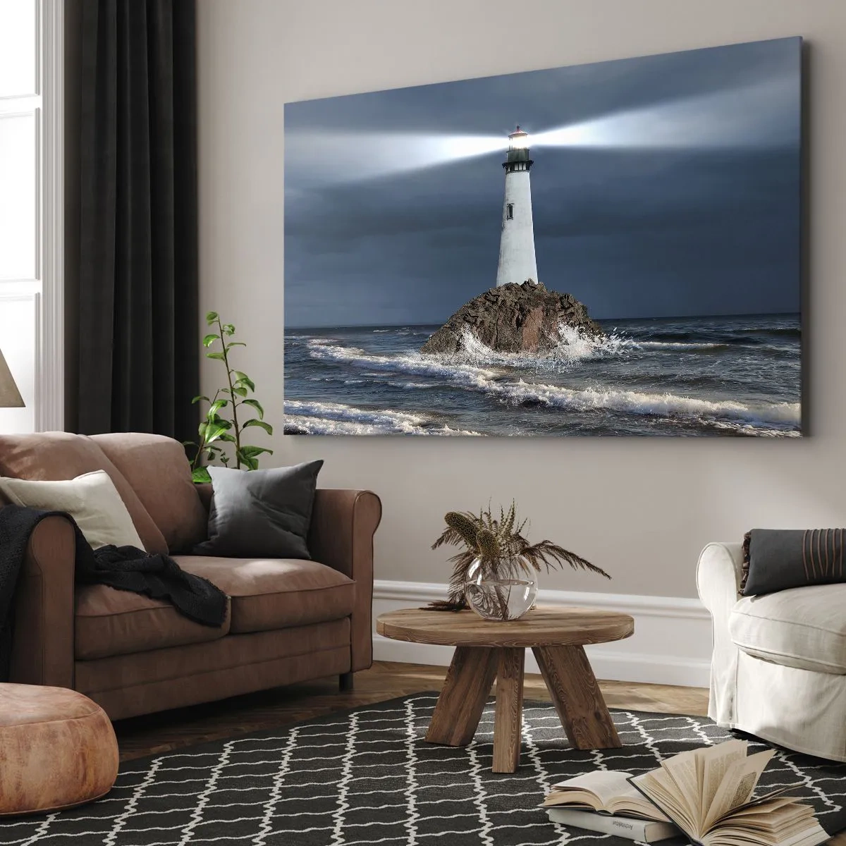Impression sur toile - Image sur toile - Un phare sur un rocher entouré d'une mer agitée - 120x80cm - I… i… ici ! - Décoration murale moderne pour le salon et la chambre ARTTOR