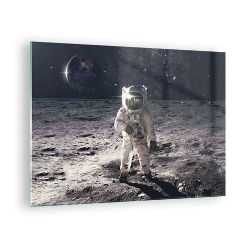 Impression sur verre - Image sur verre - Astronaute à la surface de la Lune avec la Terre en arrière-plan - 70x50cm - Salutations de la lune - Décoration murale moderne pour le salon et la chambre ARTTOR