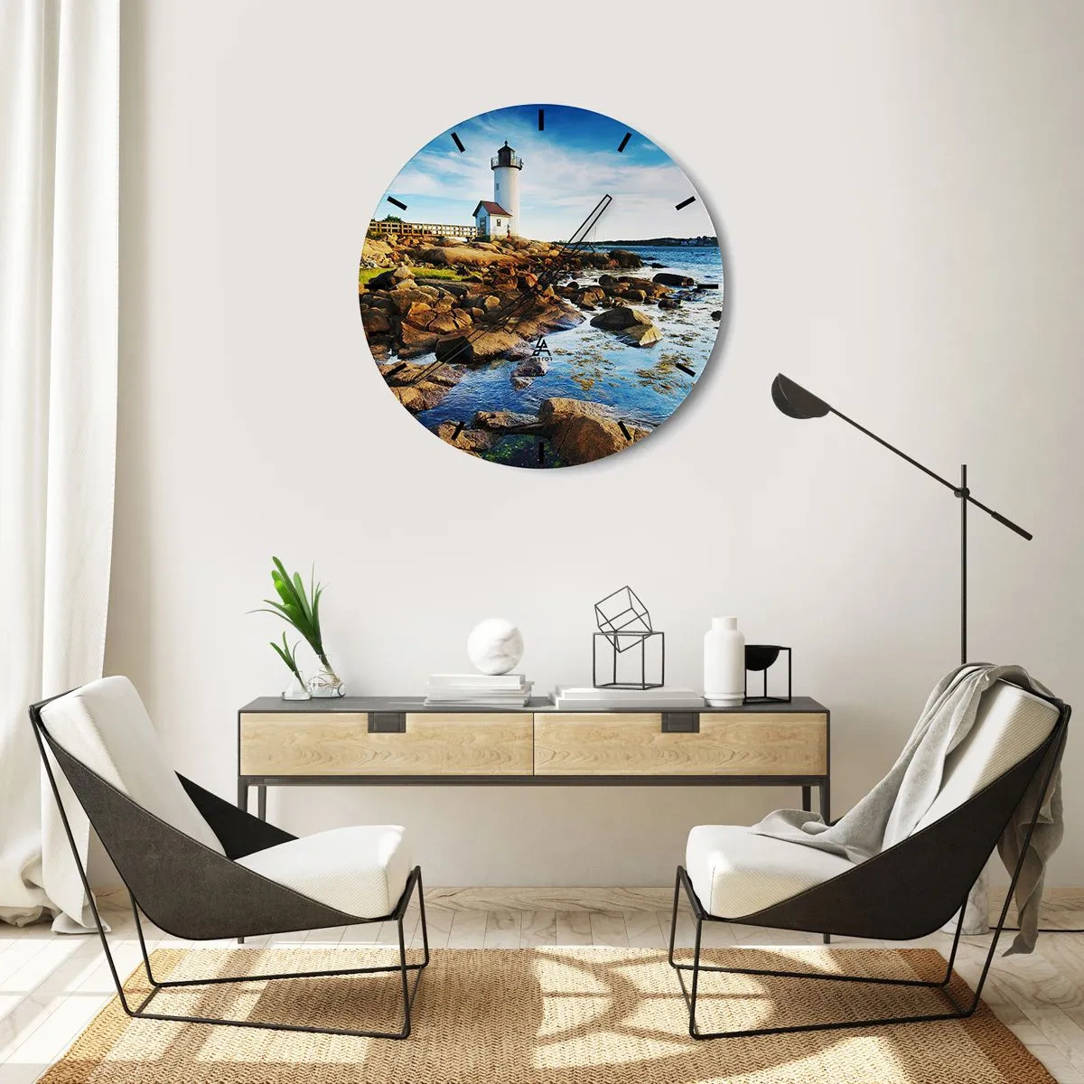Horloge murale - Pendule murale - Un phare sur une côte rocheuse par une journée ensoleillée - 30x30cm - Revenez heureux, j'attends - Décoration murale moderne pour le salon, la cuisine et la chambre ARTTOR