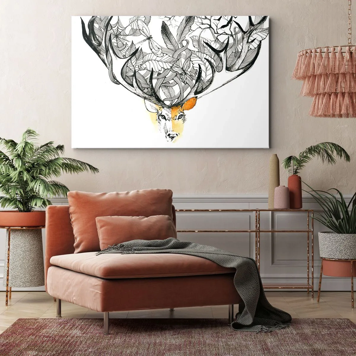 Impression sur toile - Image sur toile - Motif subtil de cerf avec bois décoratifs - 70x50cm - Corne d'abondance - Décoration murale moderne pour le salon et la chambre ARTTOR