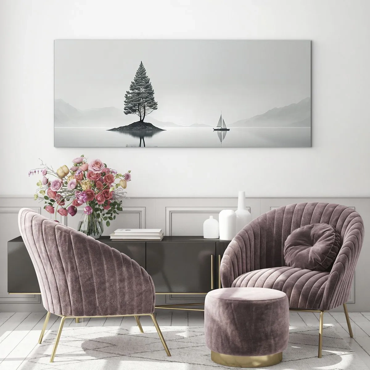 Impression sur verre - Image sur verre - Un paysage minimaliste avec un arbre sur une île et un voilier. - 160x50cm - Un rêve somnolent - Décoration murale moderne pour le salon et la chambre ARTTOR