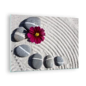 Impression sur verre - Image sur verre - Pierres à rayures blanches et une fleur violette sur le sable dans un style zen - 70x50cm - Énergie et paix du cercle magique de la nature - Décoration murale moderne pour le salon et la chambre ARTTOR