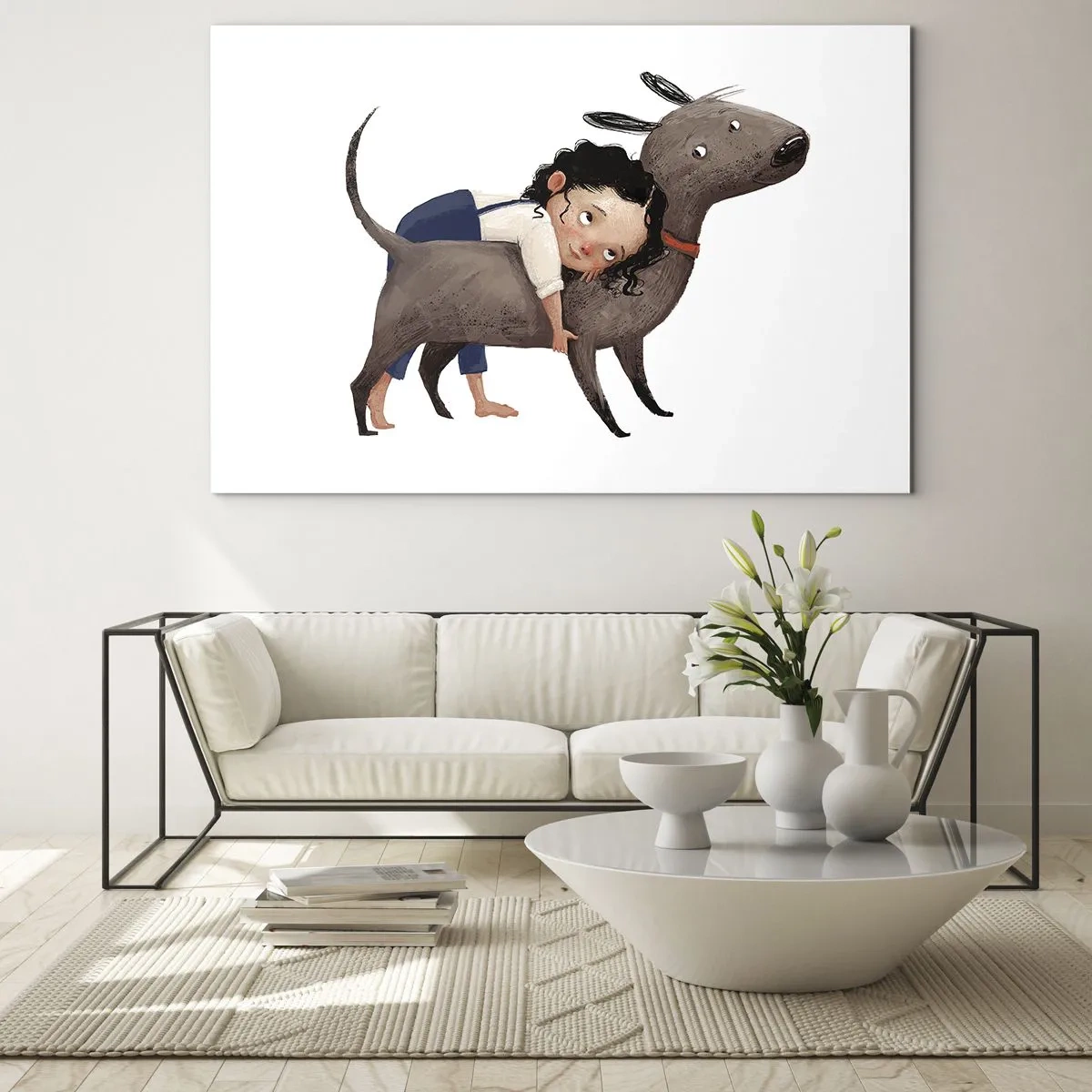 Impression sur verre - Image sur verre - Une fille serrant un gros chien dans ses bras sur un fond blanc - 70x50cm - Les meilleurs amis - Décoration murale moderne pour le salon et la chambre ARTTOR