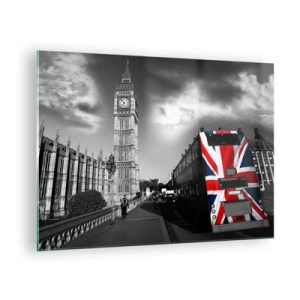 Impression sur verre - Image sur verre - Big Ben et un bus avec un drapeau britannique - 70x50cm - Fière et grande - Décoration murale moderne pour le salon et la chambre ARTTOR
