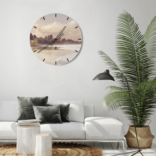 Horloge murale - Pendule murale - Une plage avec des palmiers et des vagues douces au crépuscule - 30x30cm - La caresse des vagues - Décoration murale moderne pour le salon, la cuisine et la chambre ARTTOR