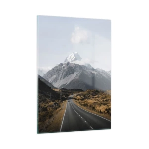 Impression sur verre - Image sur verre - Une route asphaltée menant vers les montagnes enneigées - 50x70cm - Chemin vers le coeur de la montagne - Décoration murale moderne pour le salon et la chambre ARTTOR