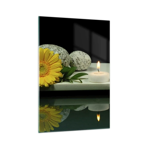 Impression sur verre - Image sur verre - Fleur jaune, bougies et pierres sur fond d'eau - 70x100cm - Apaisement des sens - Décoration murale moderne pour le salon et la chambre ARTTOR