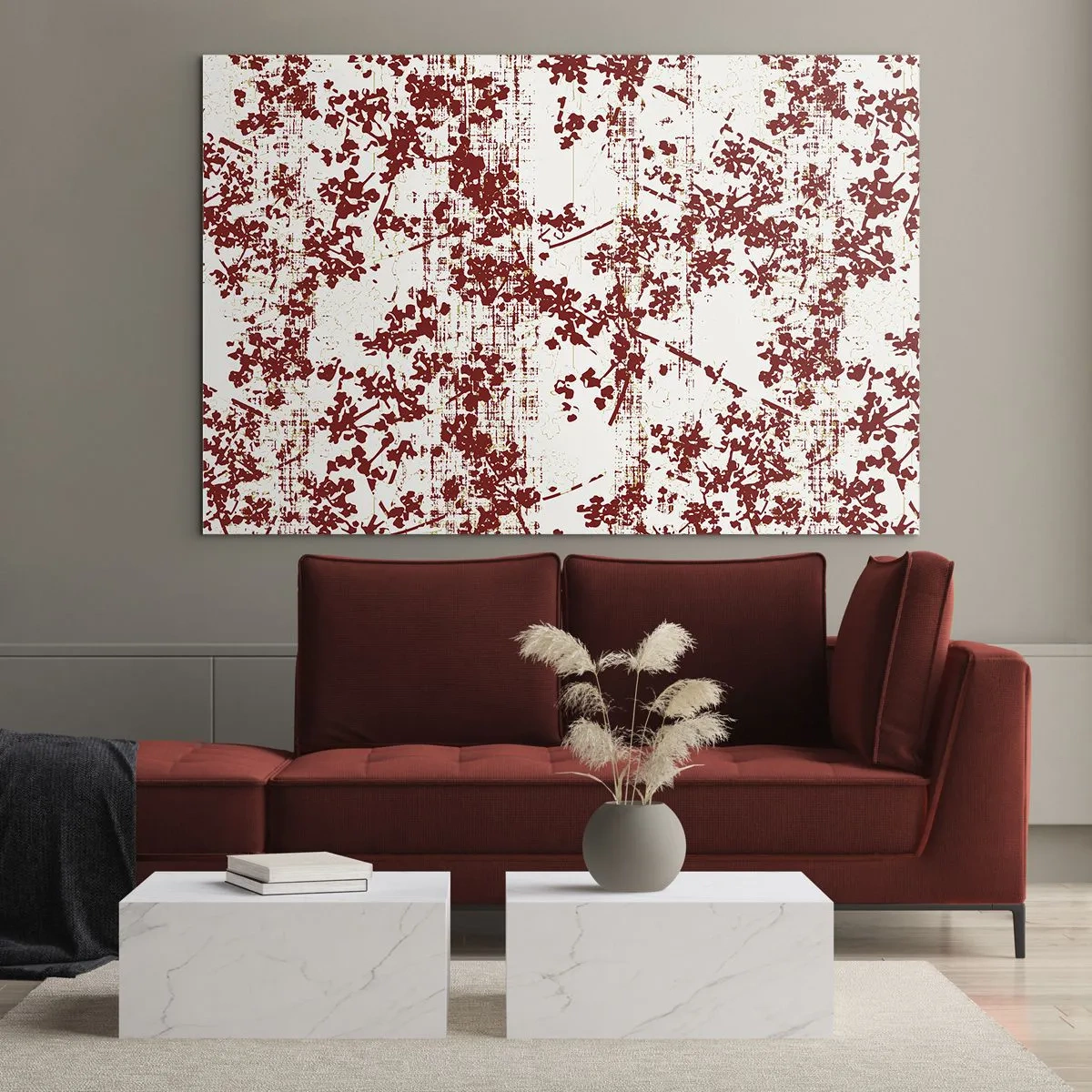 Impression sur verre - Image sur verre - Un motif floral en rouge sur un fond clair et vieilli - 70x50cm - Comme un calicot ancien - Décoration murale moderne pour le salon et la chambre ARTTOR