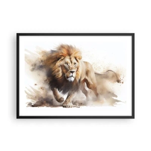 Affiche dans un cadre noir - Poster - Un portrait dynamique d'un lion aux couleurs naturelles. - 70x50cm - Le roi bougea - Décoration murale moderne pour le salon et la chambre ARTTOR