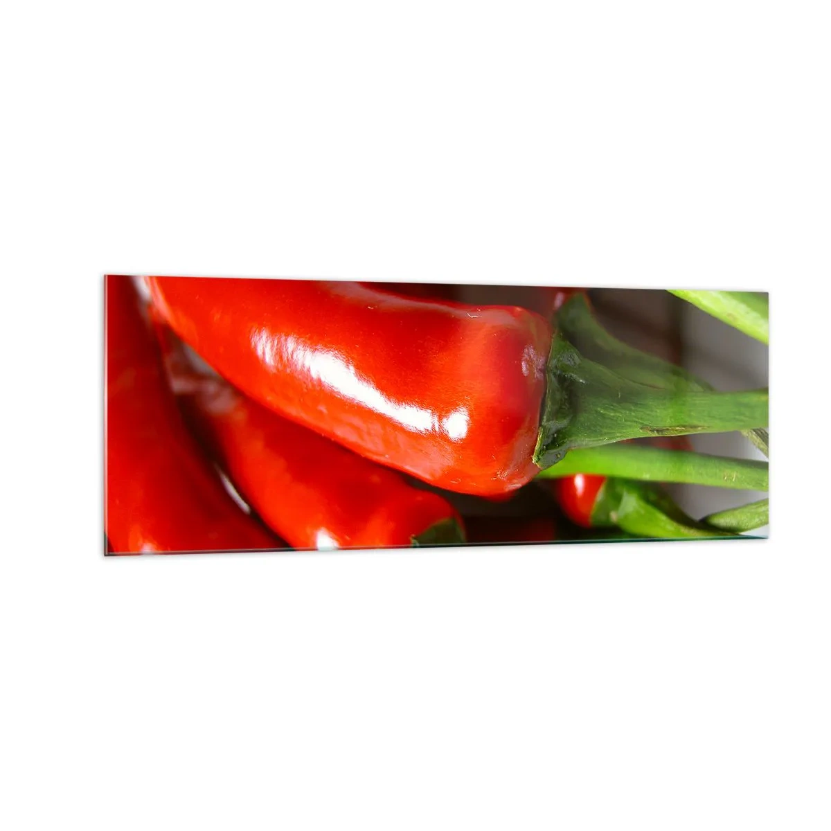 Impression sur verre - Image sur verre - Gros plan de piments rouges avec des tiges vertes - 140x50cm - Juteux, brillant, lisse - Décoration murale moderne pour le salon et la chambre ARTTOR