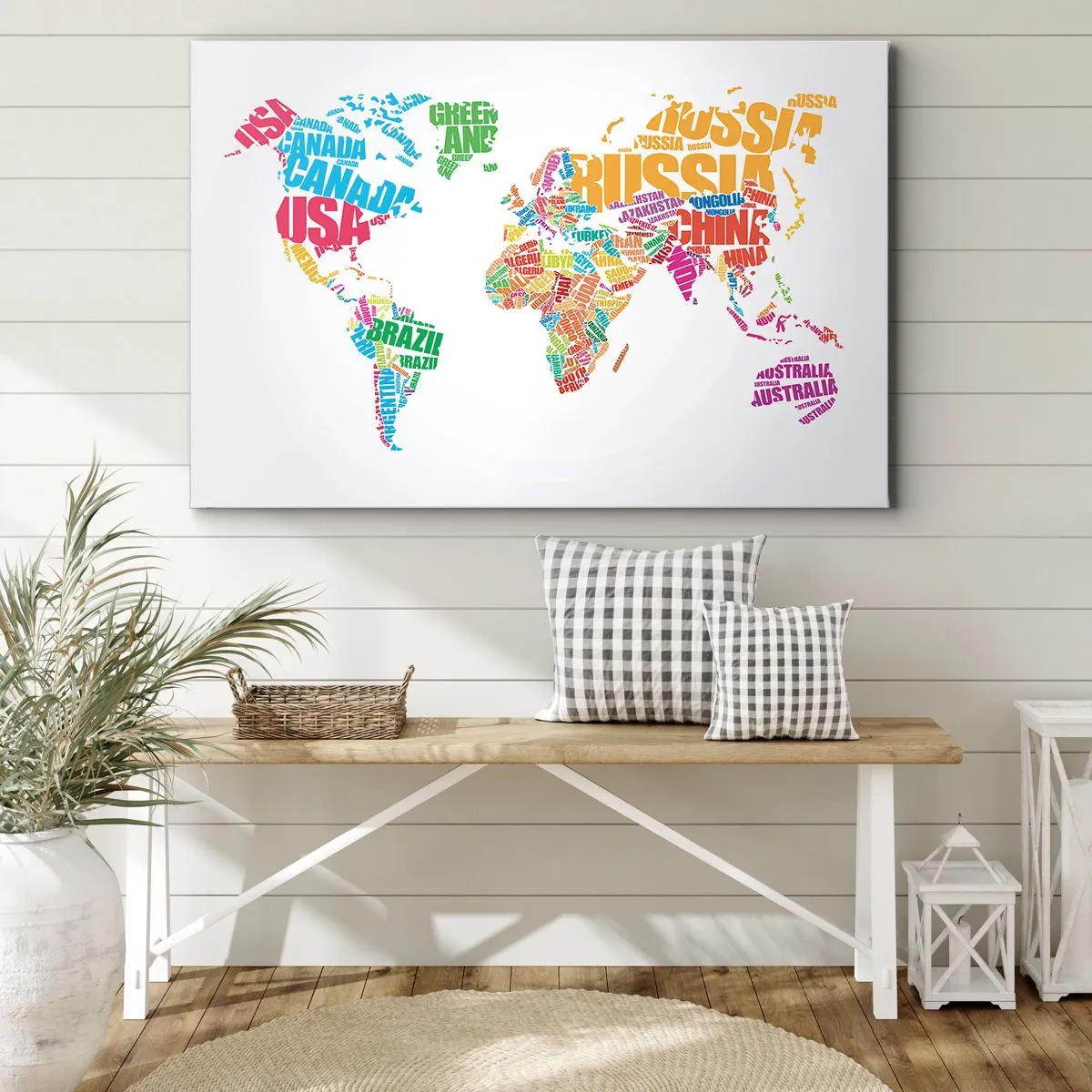 Impression sur toile - Image sur toile - Carte du monde colorée avec les noms des pays - 120x80cm - je veux tous les rencontrer - Décoration murale moderne pour le salon et la chambre ARTTOR