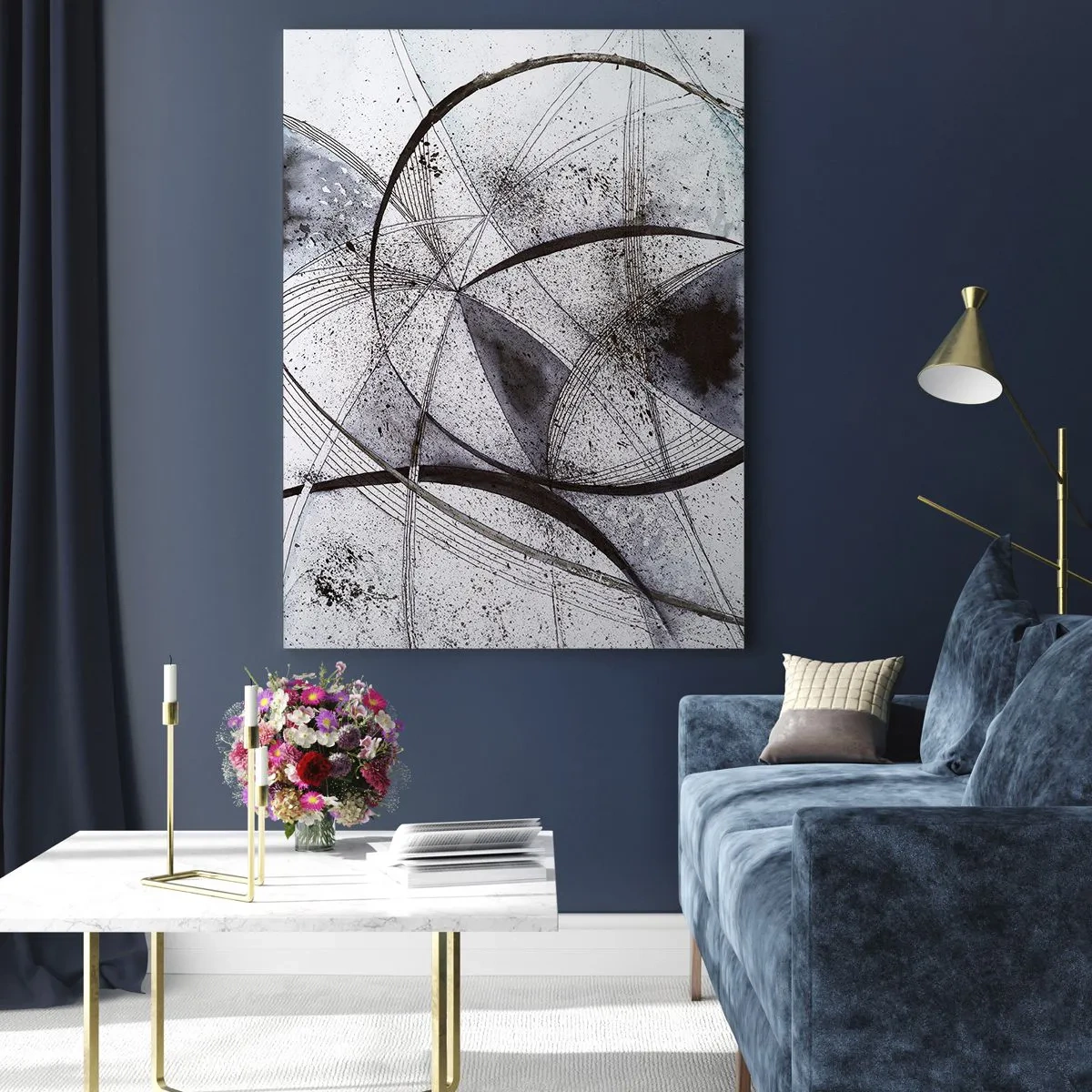 Impression sur verre - Image sur verre - Lignes et formes abstraites dans des tons de gris et de noir - 70x100cm - Fantaisie futuriste - Décoration murale moderne pour le salon et la chambre ARTTOR