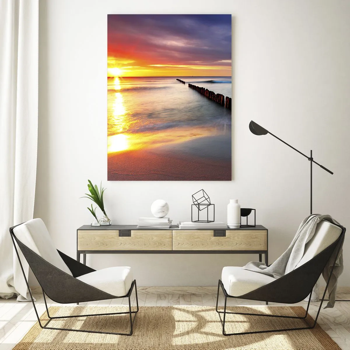Impression sur verre - Image sur verre - Coucher de soleil sur la mer avec des brise-lames en bois - 50x70cm - Ecoute le silence - Décoration murale moderne pour le salon et la chambre ARTTOR