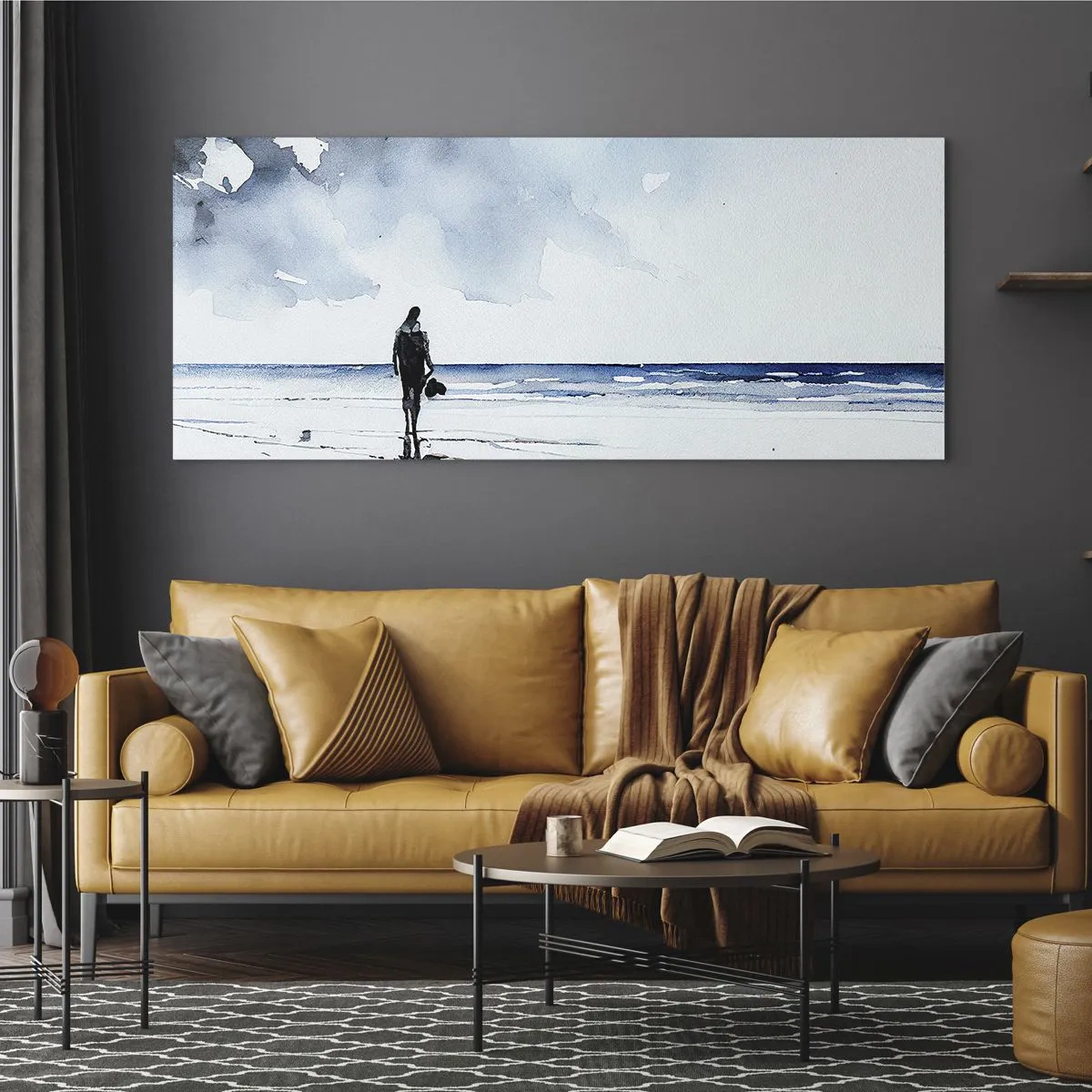 Impression sur verre - Image sur verre - Une silhouette sur une plage dans un environnement marin calme - 160x50cm - Conversation avec la mer - Décoration murale moderne pour le salon et la chambre ARTTOR