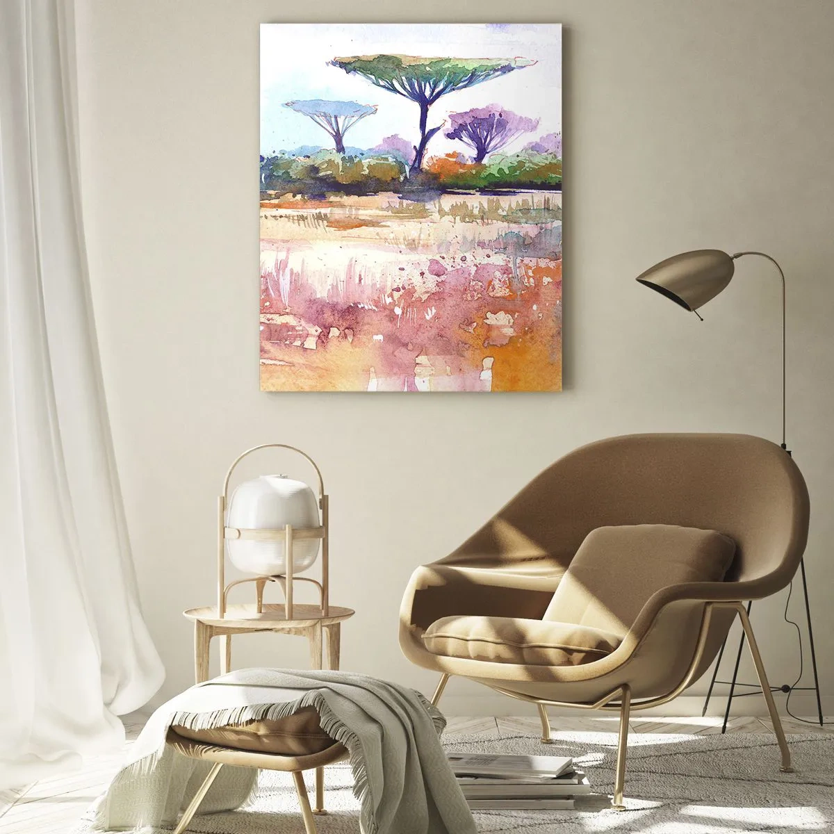 Impression sur verre - Image sur verre - Paysage de savane à l'aquarelle avec arbres et végétation - 50x70cm - Couleurs de savane - Décoration murale moderne pour le salon et la chambre ARTTOR