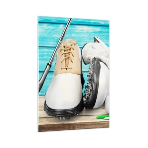 Impression sur verre - Image sur verre - Un ensemble d'accessoires de golf sur un fond en bois - 70x100cm - Tout est prêt - Décoration murale moderne pour le salon et la chambre ARTTOR