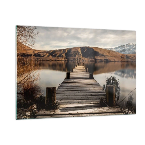 Impression sur verre - Image sur verre - Une jetée en bois au-dessus d'un lac avec vue sur les montagnes en arrière-plan - 120x80cm - Paysage silencieux - Décoration murale moderne pour le salon et la chambre ARTTOR