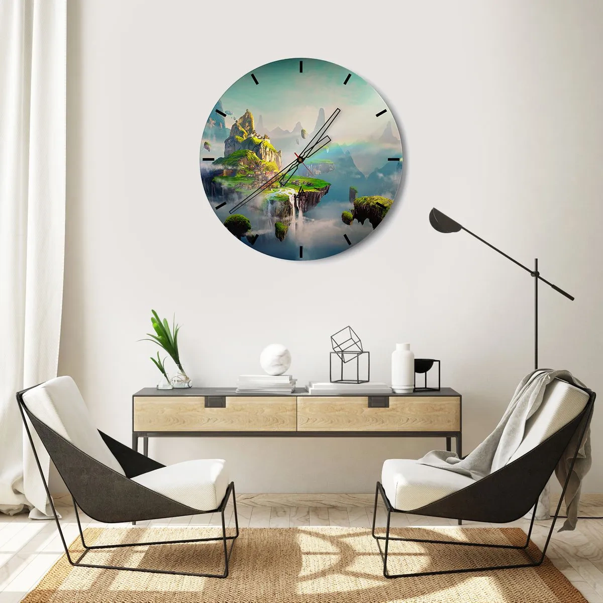 Horloge murale - Pendule murale - Îles suspendues avec cascades et végétation luxuriante parmi les nuages - 30x30cm - Au milieu des cieux - îles du bonheur - Décoration murale moderne pour le salon, la cuisine et la chambre ARTTOR